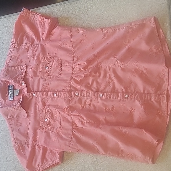 Shyanne Tops - Shyanne Western Pearl Snap Embroidered Peach Short Sleeve Cotton Top Size L